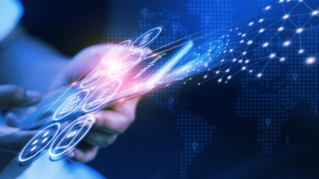 A person holding a mobile phone with an overlay of apps and bits of data coming from the phone, to indicate how information is stored and transferred from mobile apps via APIs which require API security and mobile app pentesting.