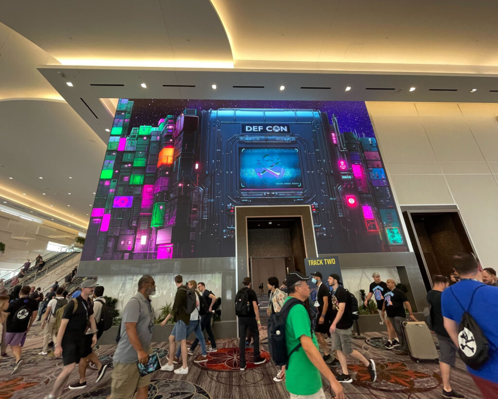 An image of the DEF CON 31 lobby at the Caesar's Forum in Las Vegas.