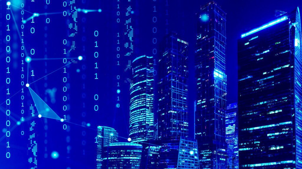 Office buildings in a cyber setting to indicate the need for C-suite executives to engage with cyber resiliency.