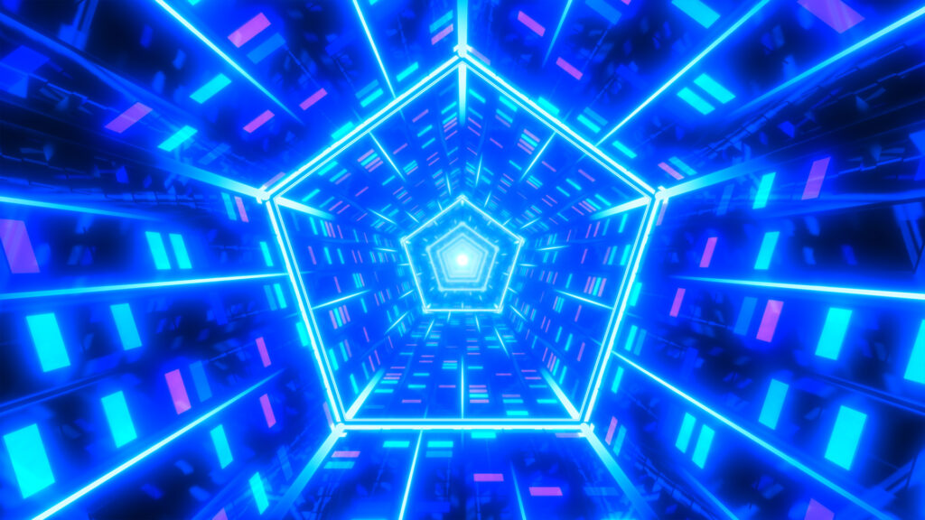 Image of pentagon shape with cyber motif overlay.