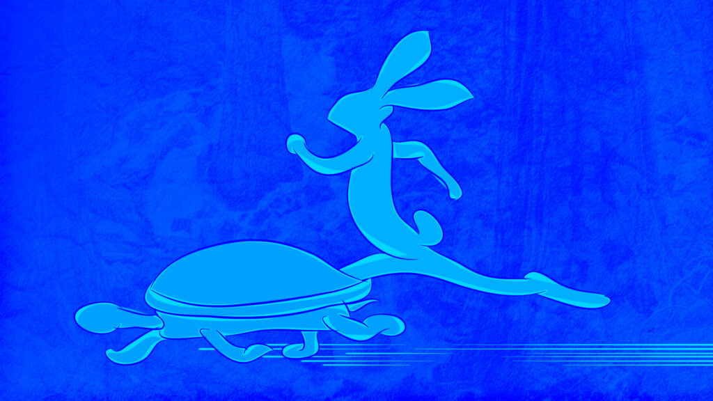 A blue tortoise races against a blue hare against a deeper blue background.