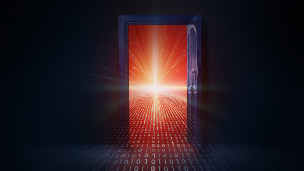 Door opening to a red horizon with zeroes and ones lining the path to the horizon.