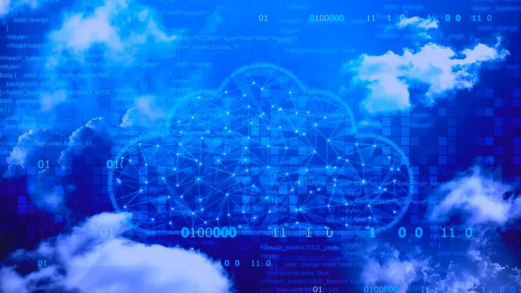 Illustration of a cloud, including an overlay of real cloud imagery and a tech motif, to represent cloud migration security risks.