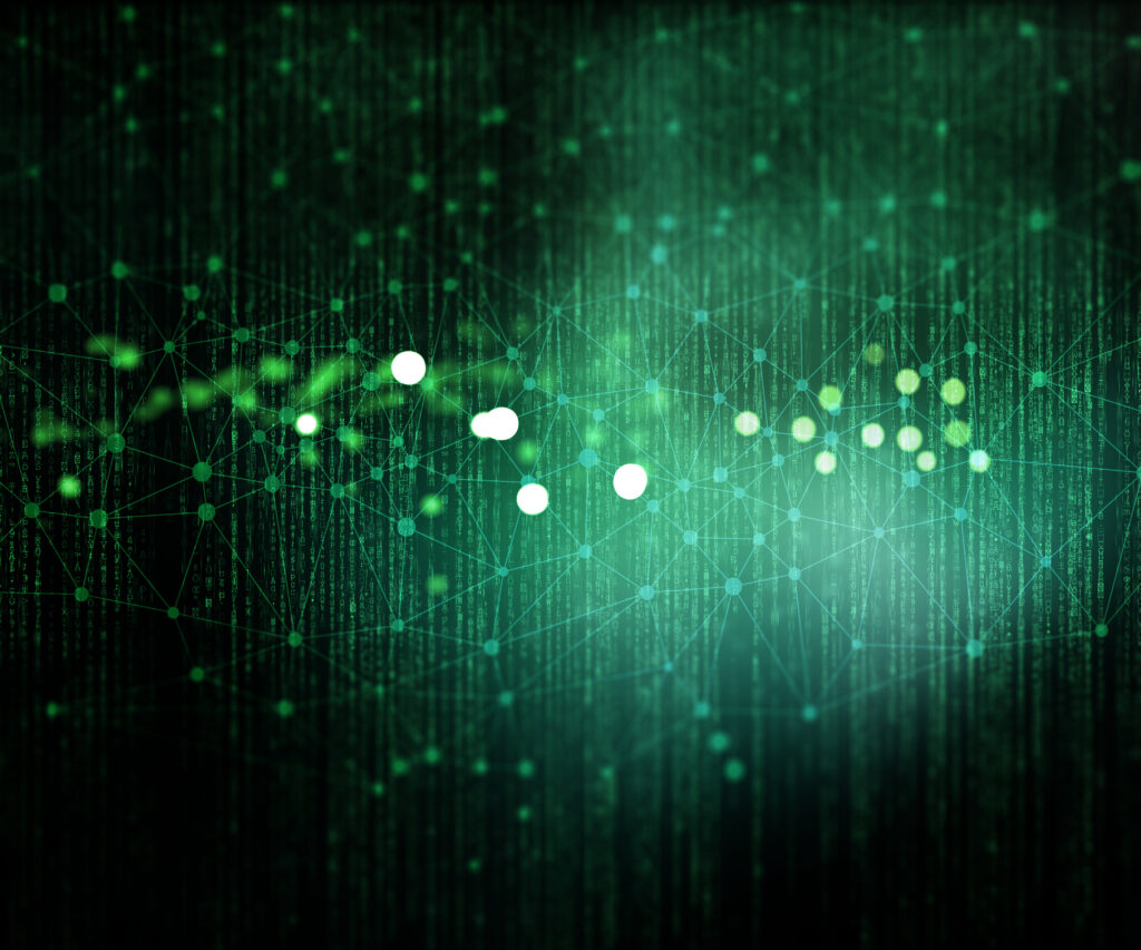 Abstract cybersecurity-themed background with glowing green network nodes, connected digital lines, and cascading code on a dark matrix-style backdrop.
