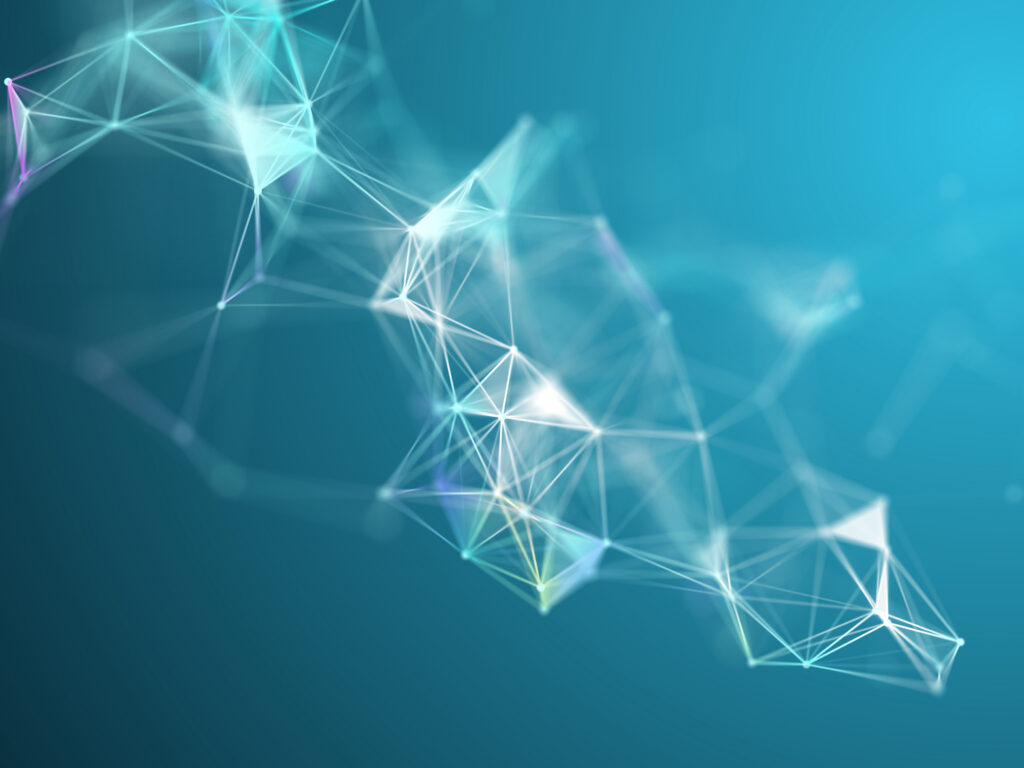Abstract 3D network of interconnected nodes and geometric lines on a teal background, representing digital connectivity and cybersecurity network mapping.
