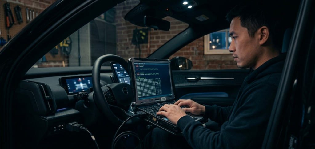 A researcher sits in a vehicle's driver seat, connecting a laptop to the car's diagnostic port to test for automotive cybersecurity vulnerabilities, with code visible on the laptop screen.
