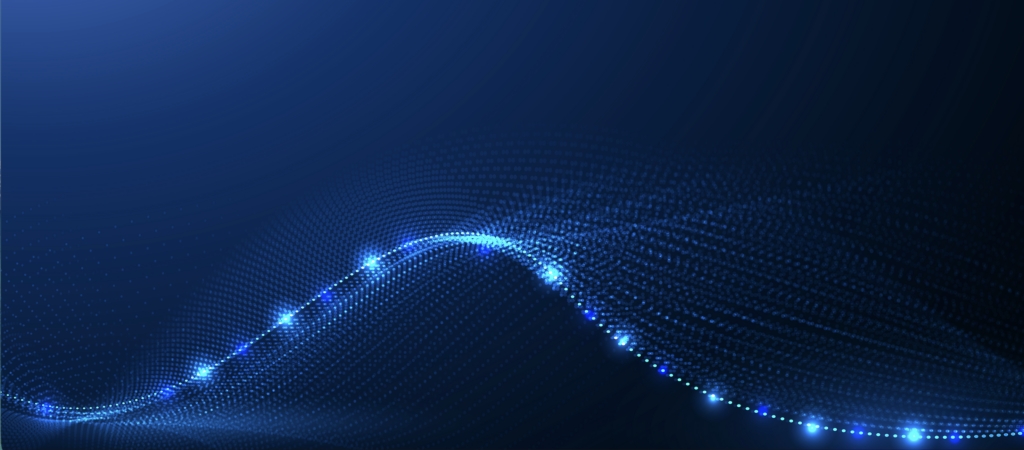 Blue abstract data wave with glowing network points symbolizing cybersecurity and digital connectivity.