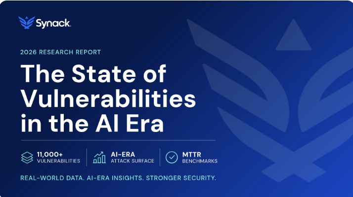 Synack 2026 research report cover titled “The State of Vulnerabilities in the AI Era,” featuring 11,000+ vulnerabilities analyzed, AI-era attack surface insights, and MTTR benchmarks.