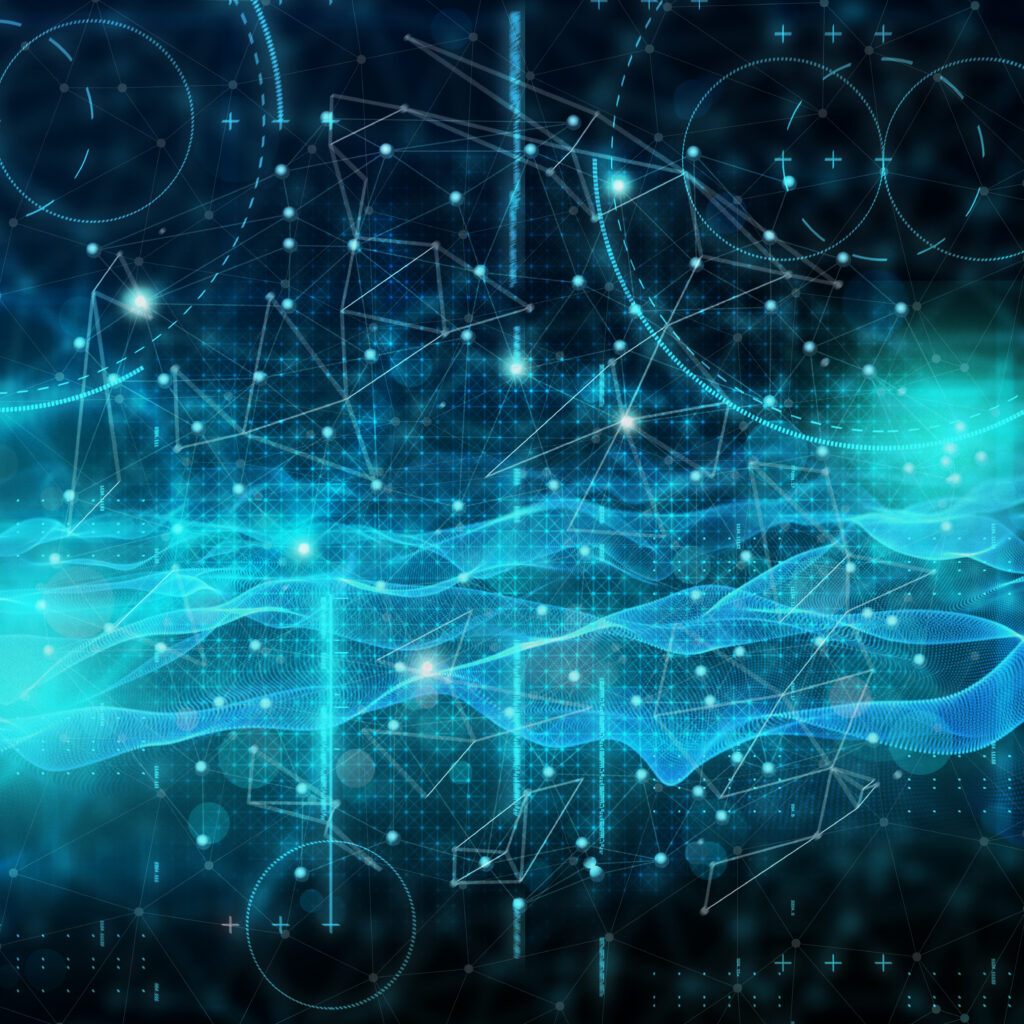 Abstract visualization of a digital network with interconnected nodes and data flows, representing cybersecurity infrastructure.