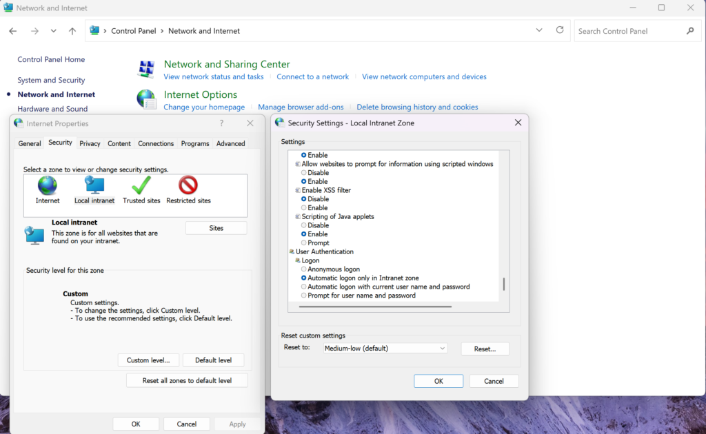 Windows Internet Options Security tab with Local Intranet zone custom settings open.