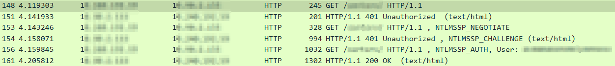Wireshark capture of an NTLM HTTP authentication sequence ending in 200 OK