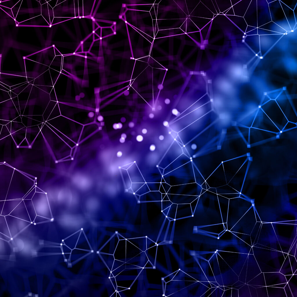 Abstract 3D network visualization of glowing purple and blue nodes connected by lines, representing digital connectivity and data security.
