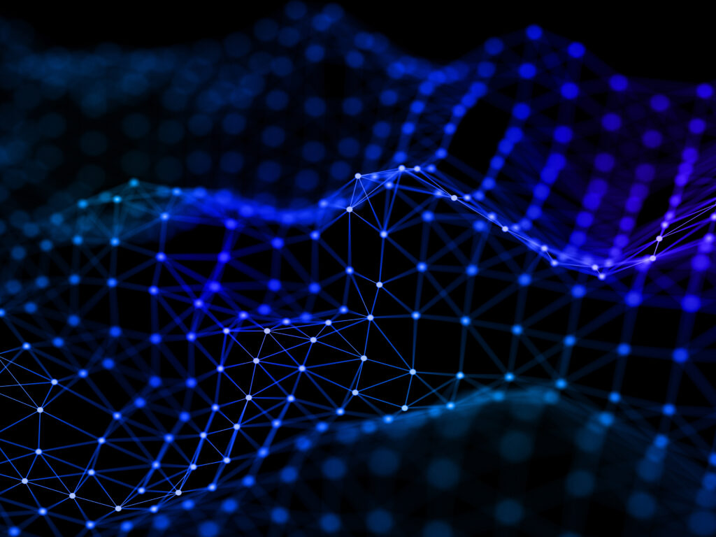 Abstract 3D network visualization of glowing blue nodes connected by lines, representing digital connectivity and cybersecurity infrastructure