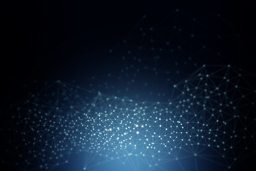 Low-poly network mesh illustration with glowing connected nodes and dots on a dark blue background, representing digital connectivity and cybersecurity technology.