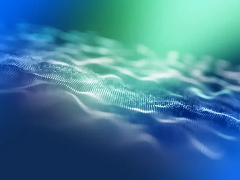Abstract wavy blue and green data surface with a glowing gradient background.