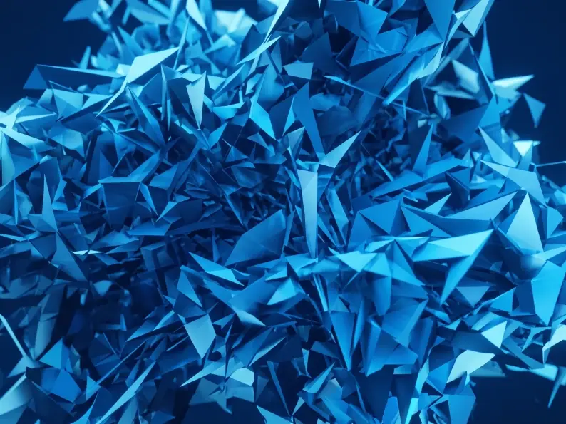 Abstract cluster of angular blue crystalline shapes on a dark background.