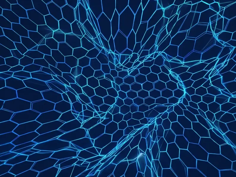 Abstract blue hexagonal network grid on a dark background.