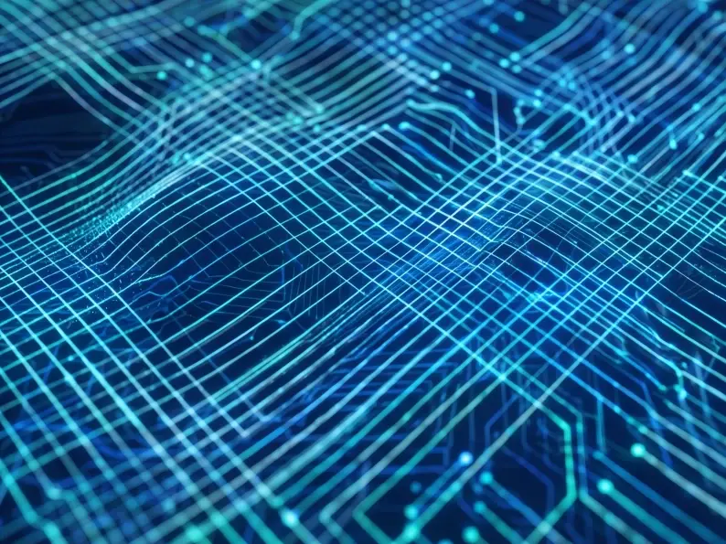 Abstract blue circuit-like grid pattern representing digital technology and connectivity.