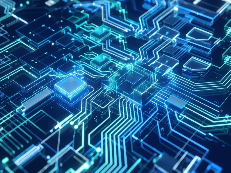 Abstract glowing blue circuit board with microchips and connected pathways.