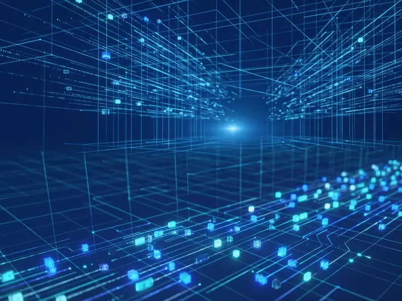 Abstract 3D grid of blue wireframe lines and glowing data cubes converging toward a light source.