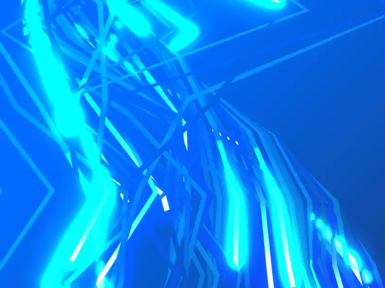 Abstract jagged blue and cyan light streaks with zigzag patterns on a blue background.