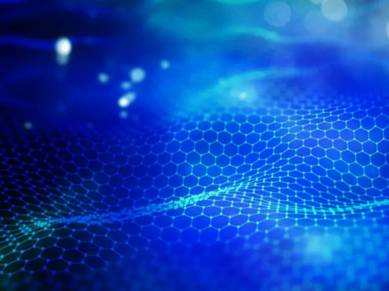 Abstract blue hexagonal mesh grid with a wavy surface and glowing light particles.