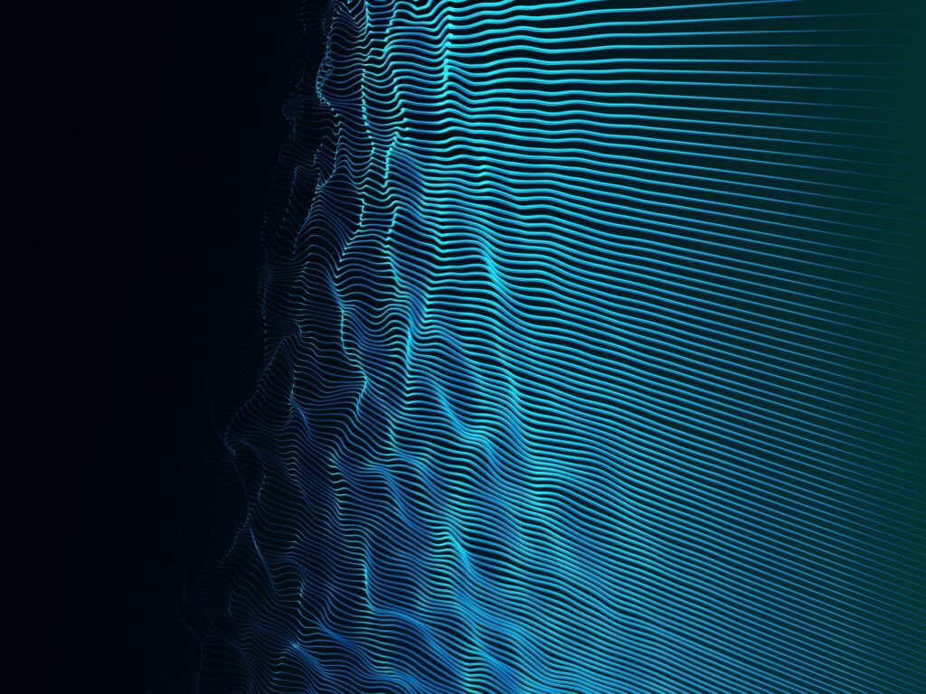 Abstract cyan waveform grid rippling across a dark background, resembling a data terrain.