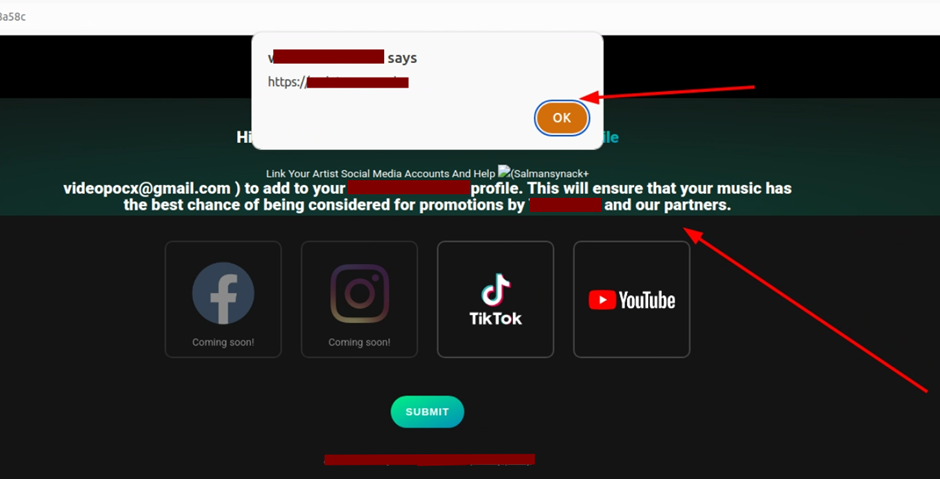 Alert dialog firing on mouseover, confirming the stored XSS payload executed on the invitation page